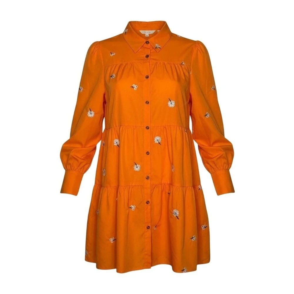Floral Embroidered Tiered Babydoll Mini Dress Womens Small Orange Boho Whimsical